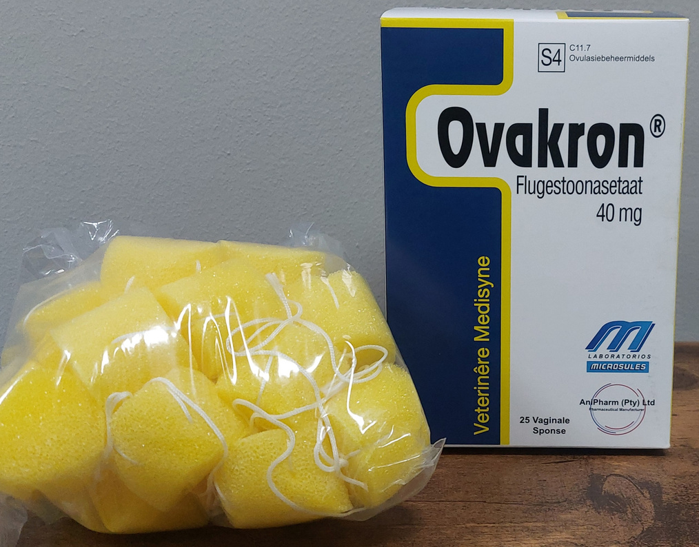 Ovakron box of 25 vaginal sponges next to a bag of yellow intravaginal sponges